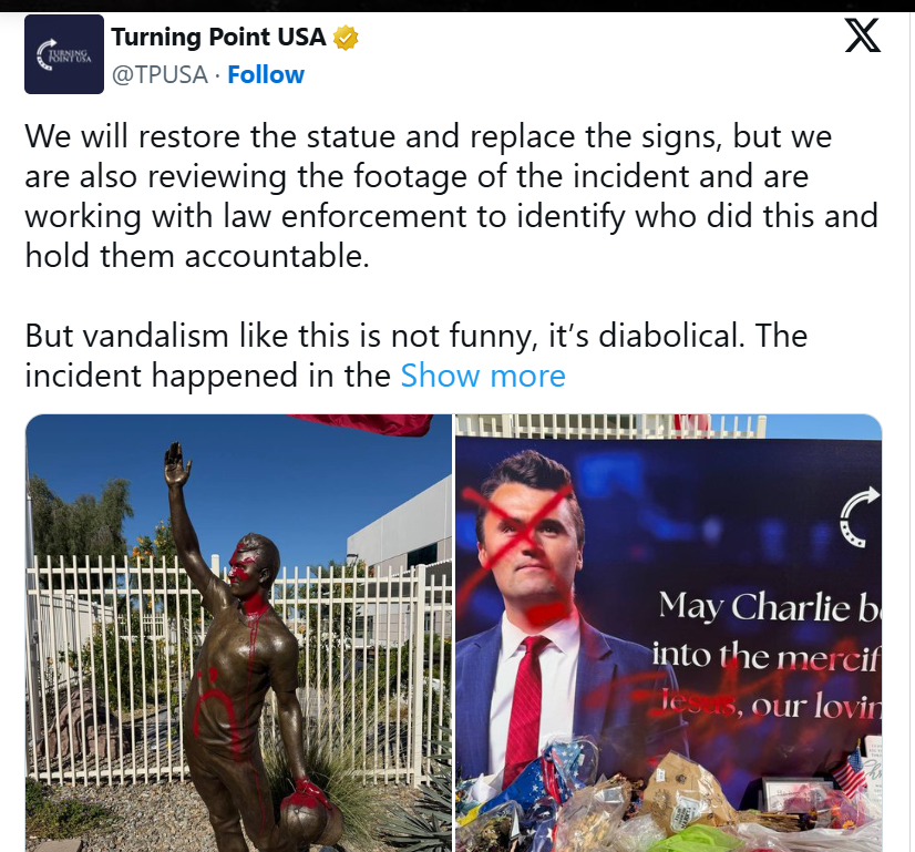 Charlie Kirk statue vandalized outside Turning Point USA headquarters 1 Charlie Kirk statue vandalized outside Turning Point USA headquarters