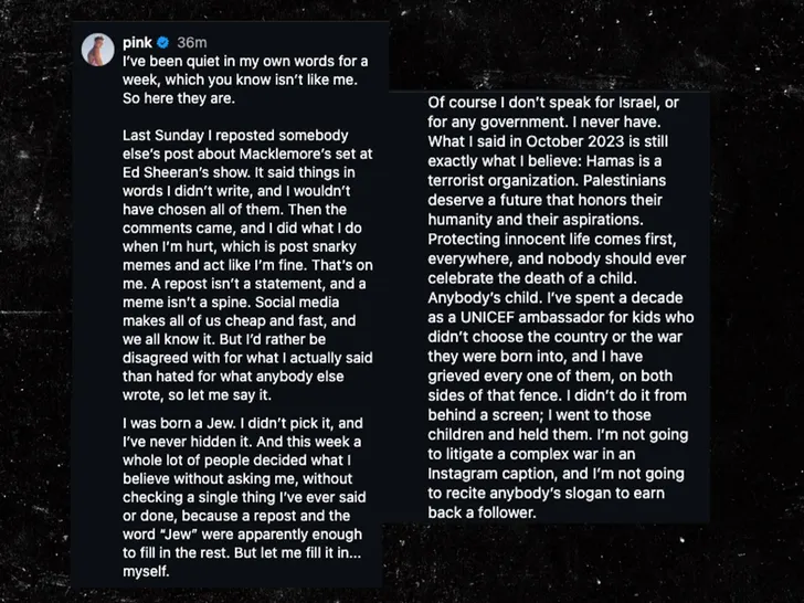 Pink clarifies Israel and Palestine stance after backlash over Macklemore repost 2 Pink clarifies Israel and Palestine stance after backlash over Macklemore repost