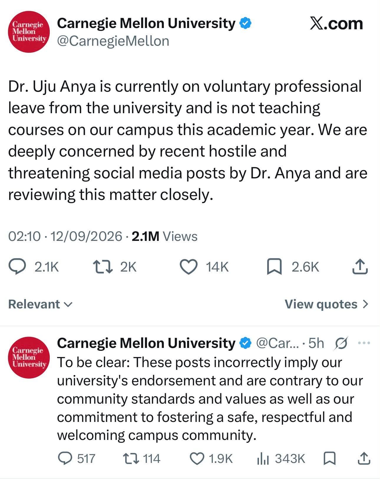Uju Anya takes voluntary leave as Carnegie Mellon reviews controversial social media posts